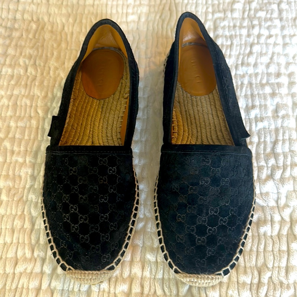 Gucci Black Suede Micro GG Espadrilles, Size 36.5